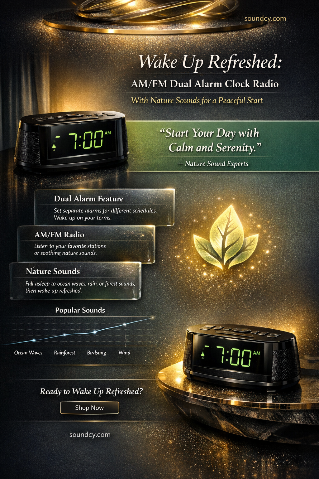 am fm dual alarm clock radio with nature sounds